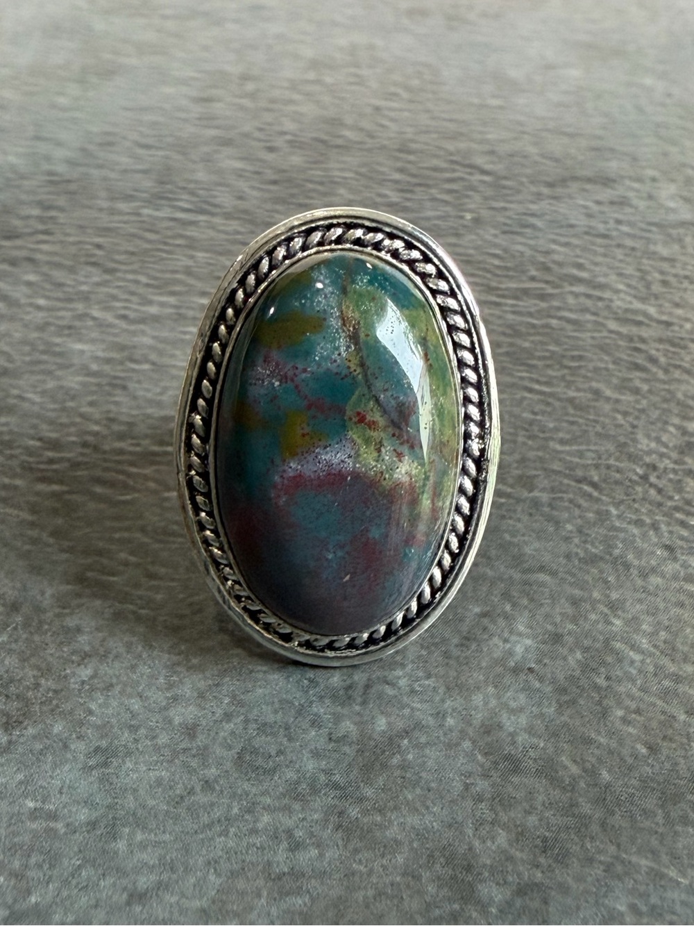 Bloodstone Jasper Gemstone Ring Size 8  Silver 925 Plated Vintage Style Boho